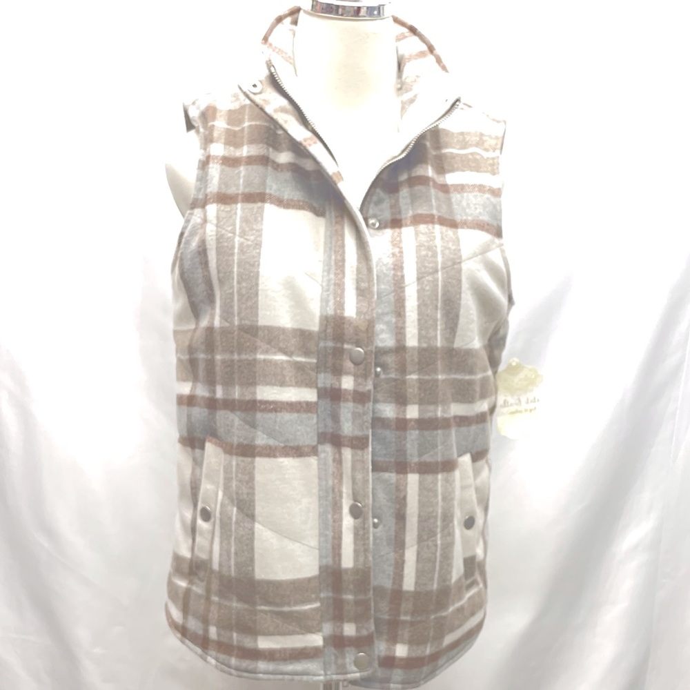 Altar’d State Plaid Sherpa Lined Vest Taupe & Teal Sz S